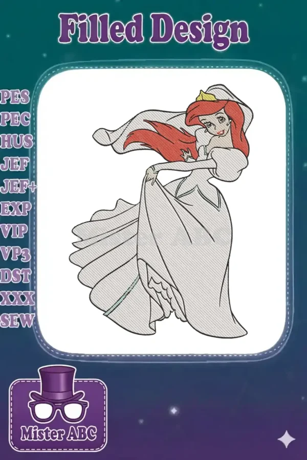 Stunning Ariel in her white wedding gown with flowing red hair, a captivating machine embroidery design.