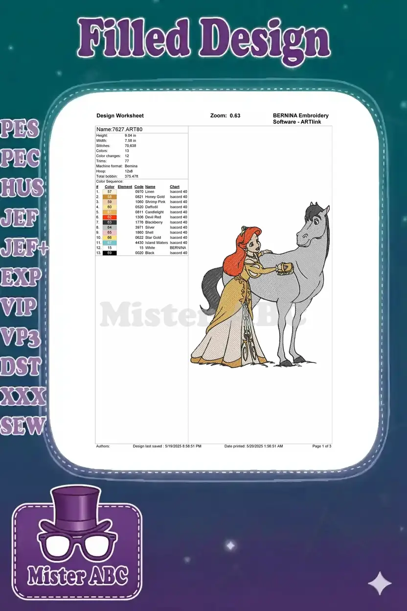 Embroidery design worksheet showing dimensions, stitch count, color changes, and thread chart for Ariel and horse.