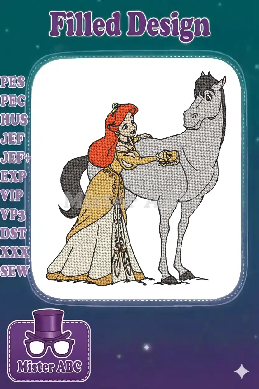 Full view of Princess Ariel in a golden gown, gently brushing a grey horse, a charming fantasy embroidery design.