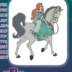 Beautiful Red-Haired Princess Ariel Riding Grey Horse Embroidery Designs - Instant Download