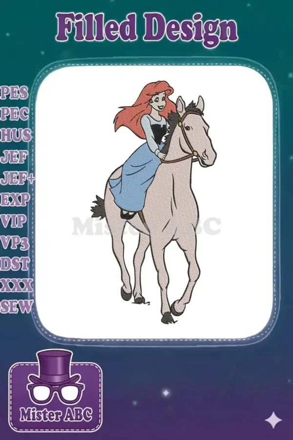 Detailed embroidery design of Disney's Ariel from The Little Mermaid, with flowing red hair, riding a graceful horse.