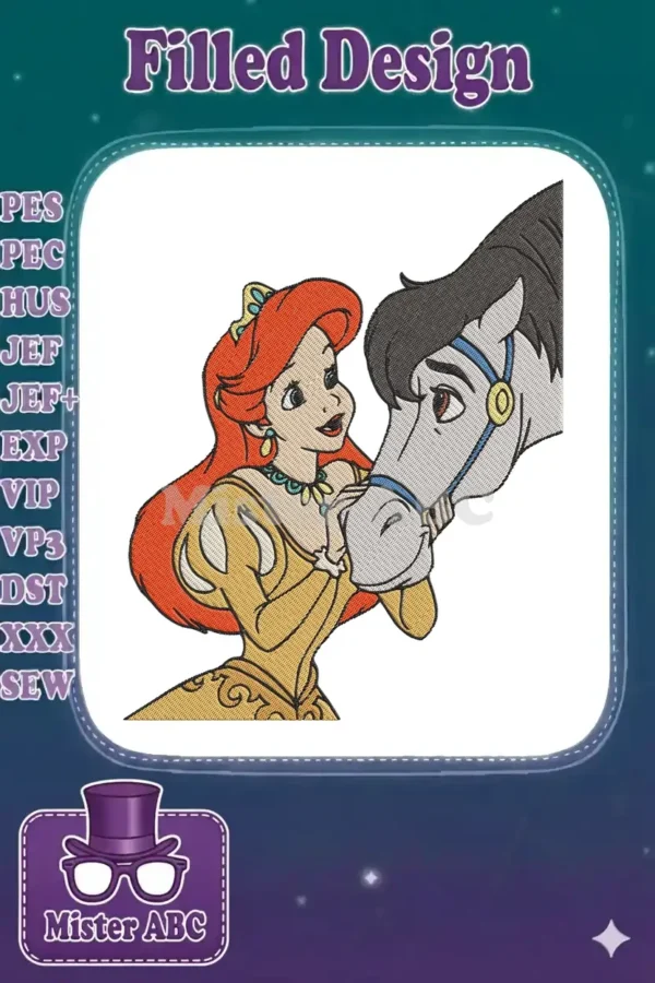 Princess Ariel in her yellow gown tenderly embracing Max, the dog (depicted as a horse), in a vibrant embroidery design.