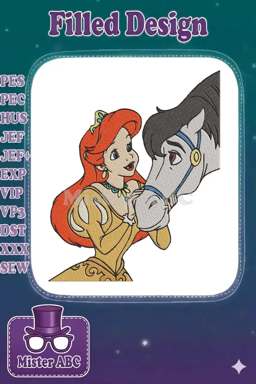 Princess Ariel in her yellow gown tenderly embracing Max, the dog (depicted as a horse), in a vibrant embroidery design.