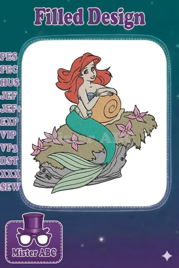 Vibrant embroidery of Ariel from The Little Mermaid, sitting on a rock with flowers & a seashell.