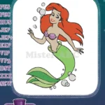 Red-Haired Mermaid Princess Under the Sea Embroidery Designs with Bubbles - Instant Download