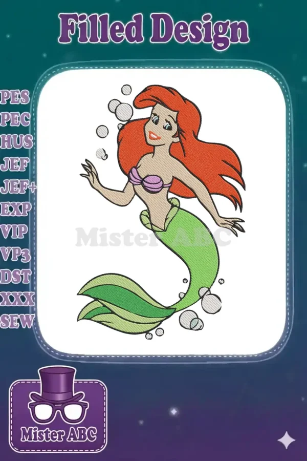A vibrant embroidery design featuring Ariel the Little Mermaid with flowing red hair, green tail, and bubbles.