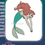 Smiling red-haired mermaid princess Ariel swimming underwater embroidery designs - Instant Download