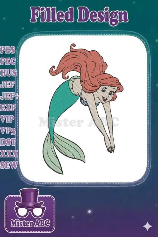A beautifully digitized embroidery design of Ariel the Little Mermaid, captured mid-swim with flowing red hair.