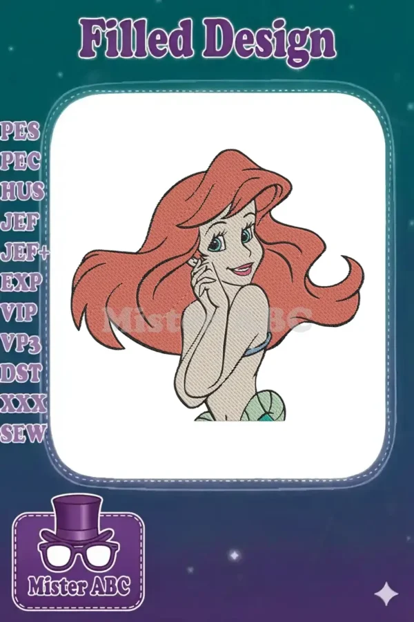 Close-up of a vibrant Ariel embroidery design, showcasing her red hair, blue eyes, and enchanting smile in detail.