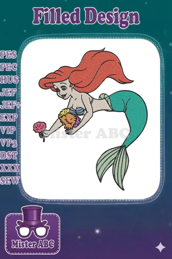 Vibrant embroidery design of Ariel the Little Mermaid, swimming gracefully, holding a pink and orange flower bouquet.