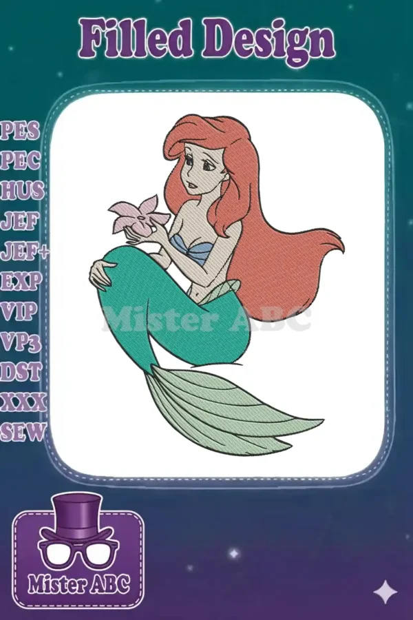 Ariel, the Little Mermaid, rendered as an embroidery design, holding a pink starfish with a thoughtful expression.