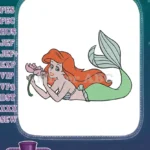Smiling red-haired mermaid princess holding a pink flower embroidery designs - Instant Download