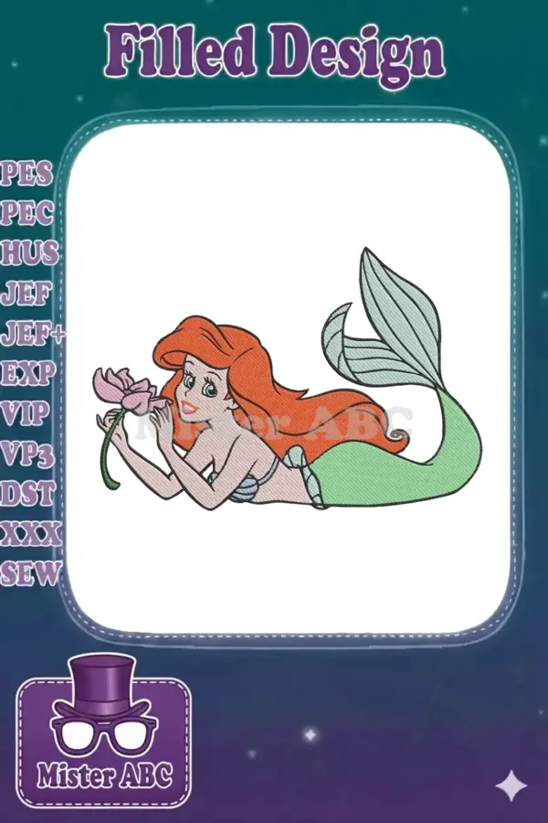 A vibrant embroidery design featuring Ariel, the Little Mermaid, lying down and gracefully holding a pink lotus flower.