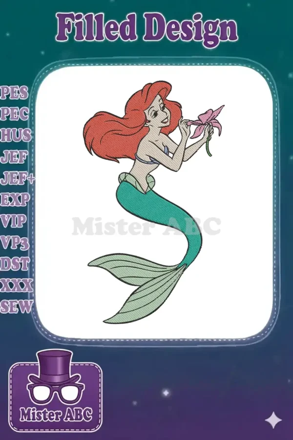 Full-color embroidery design of Ariel, the Little Mermaid, with flowing red hair, holding a delicate pink flower.