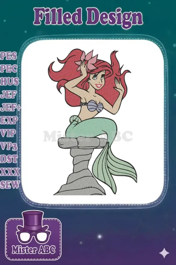 Vibrant embroidery design of Ariel from The Little Mermaid, featuring her iconic red hair, green tail, and a flower.