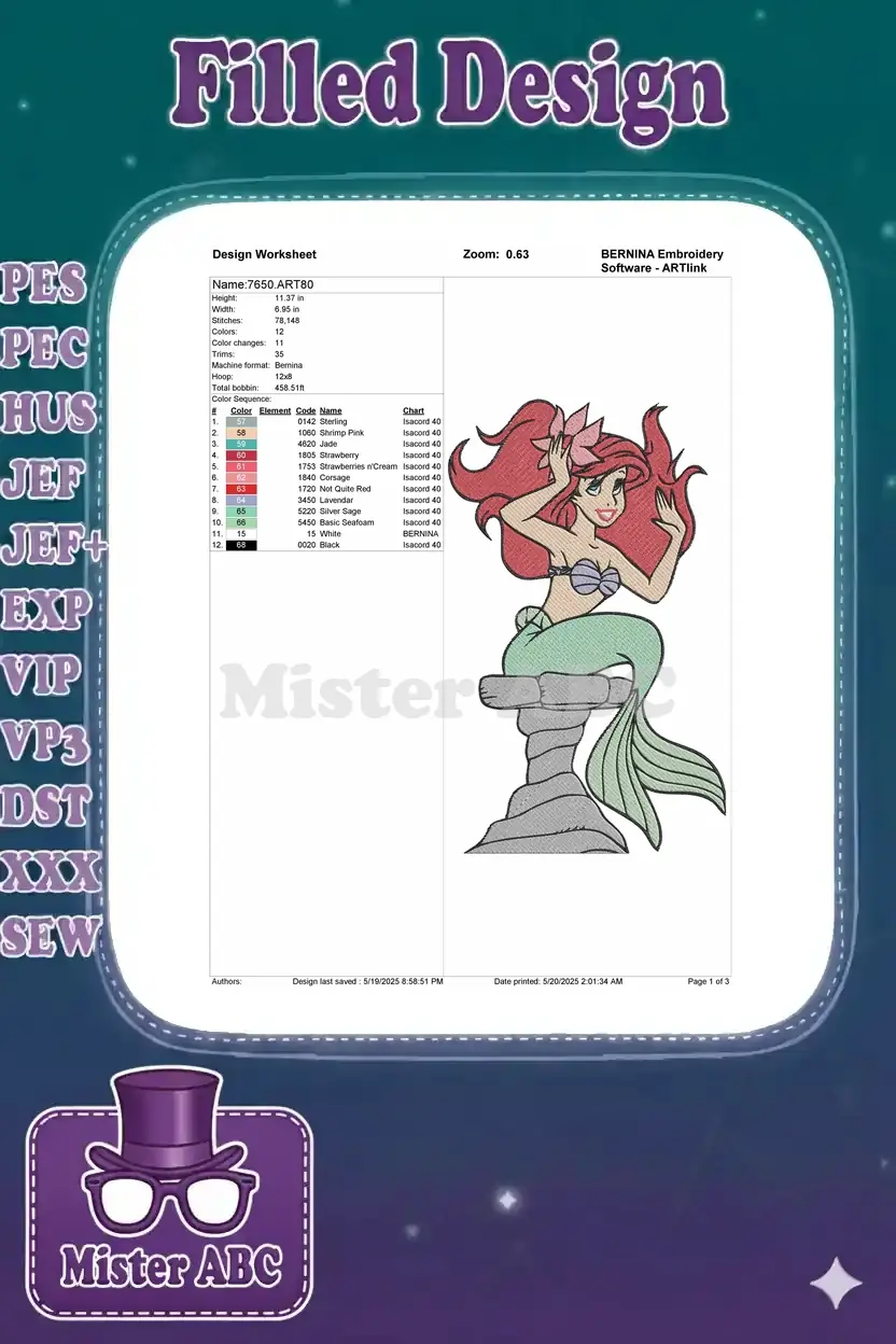 Embroidery design worksheet for Ariel, detailing stitch count, color sequence, thread codes, and dimensions.