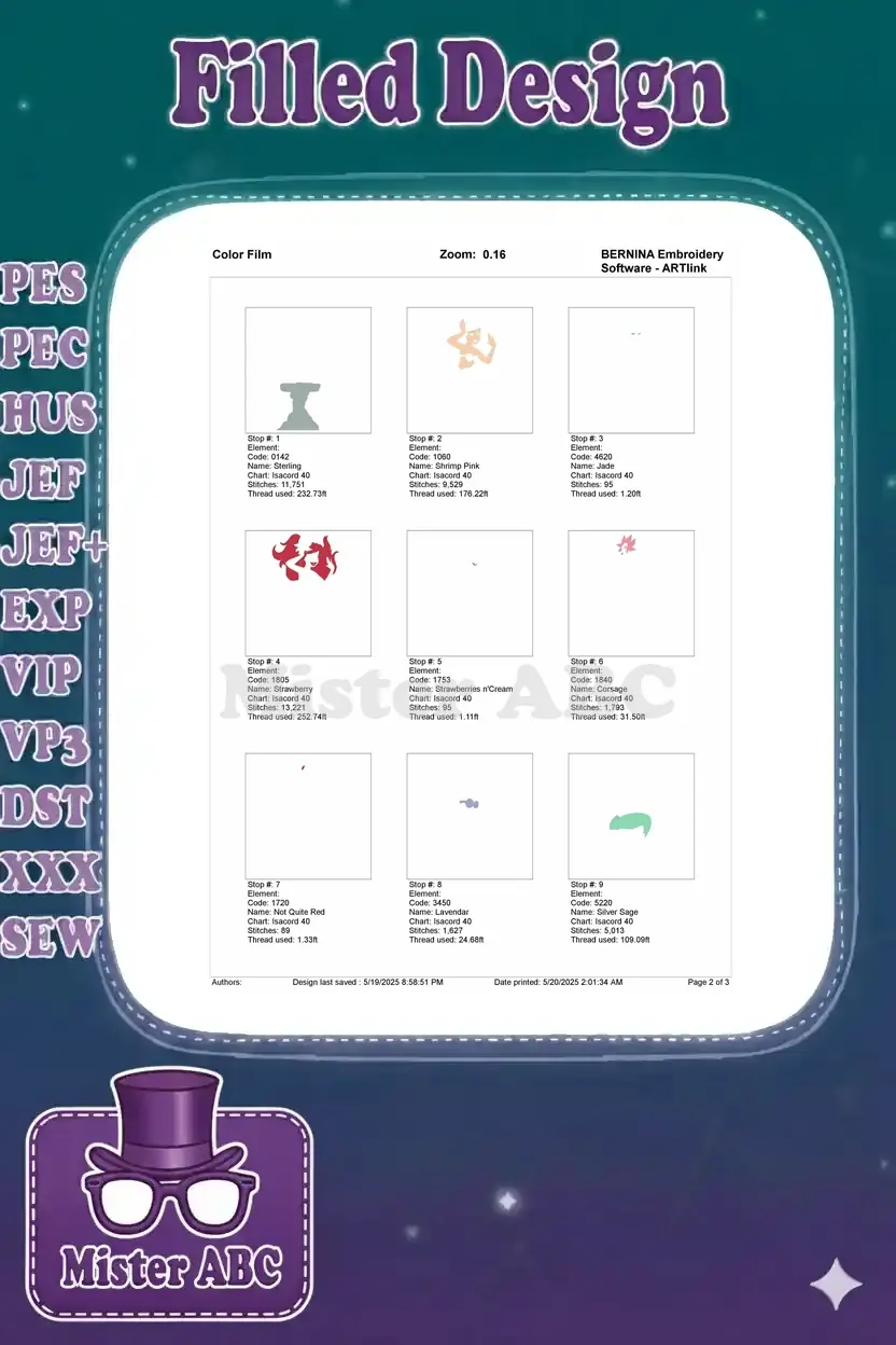 First page of the color film for the Ariel embroidery, showing individual color elements and stitch counts.