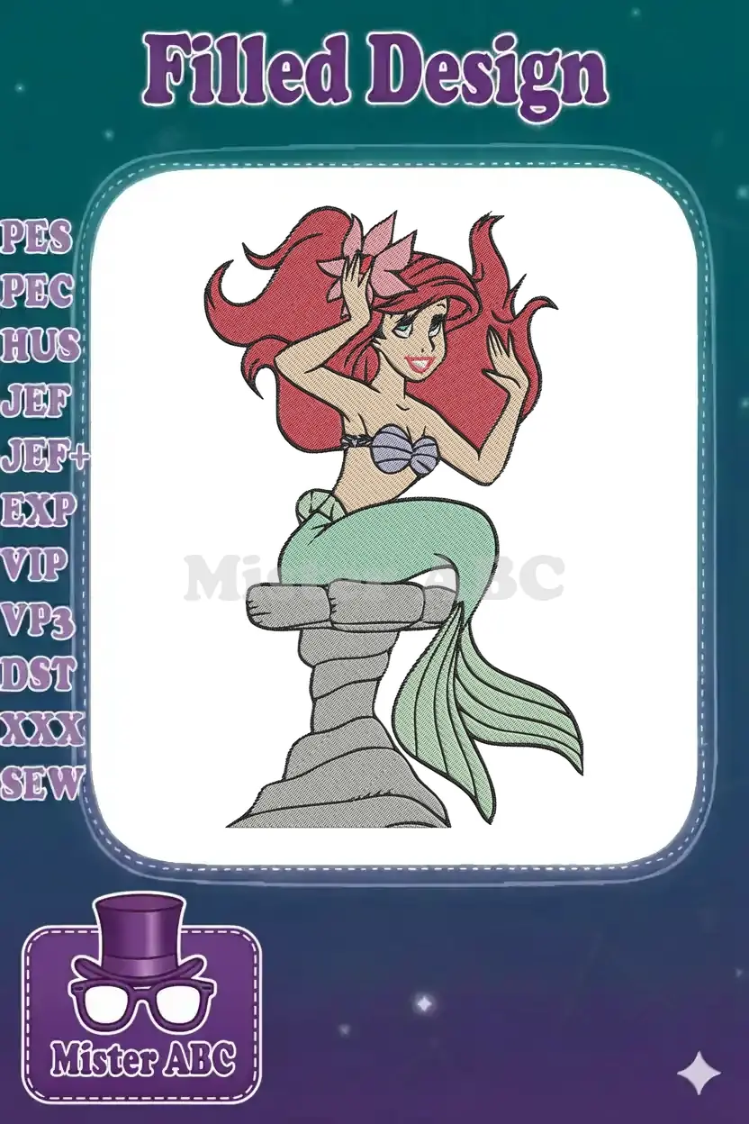 Vibrant embroidery design of Ariel from The Little Mermaid, featuring her iconic red hair, green tail, and a flower.