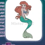 Smiling red-haired mermaid with green tail and blue top embroidery designs - Instant Download