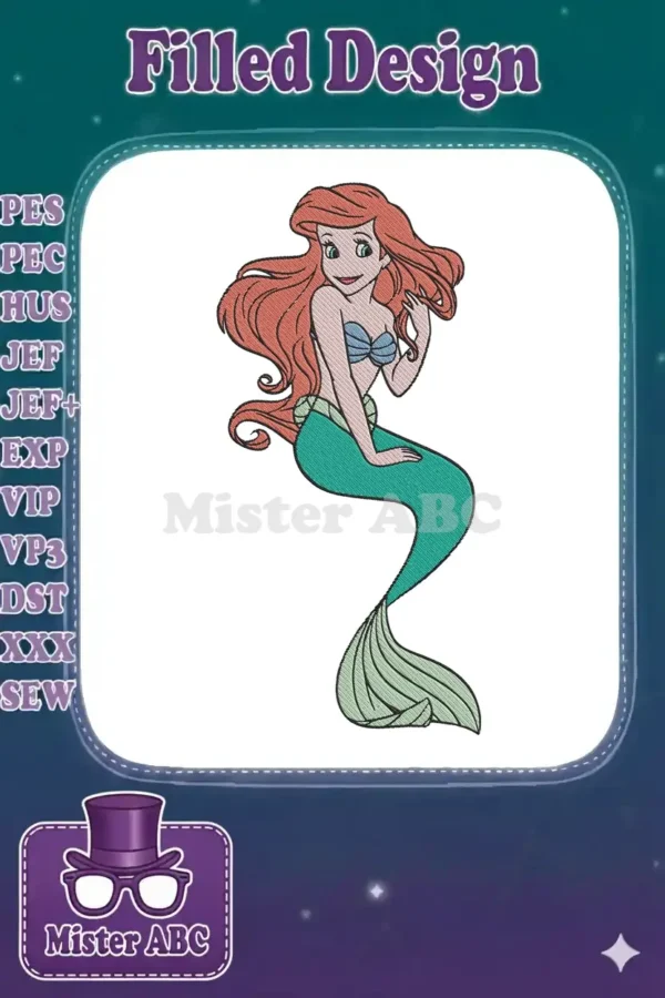 Vibrant embroidery design of Ariel the Little Mermaid, featuring her iconic red hair, purple shell top, and green tail.