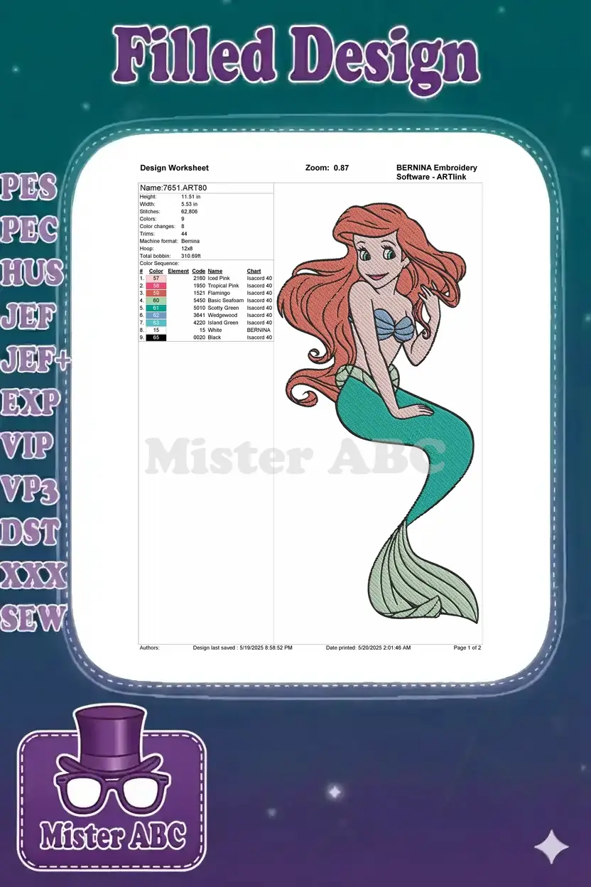 Embroidery design worksheet for Ariel, displaying dimensions, stitch count (62,806), color sequence, and thread chart.