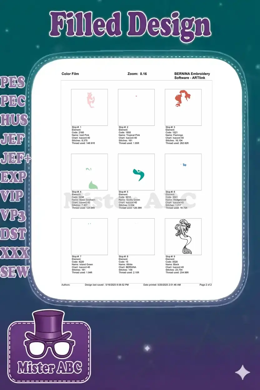 Color film breakdown of the Ariel embroidery design, showing each individual color element and its stitch details.