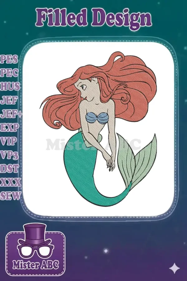 Vibrant embroidery design of Ariel from The Little Mermaid, featuring her iconic red hair and green tail.
