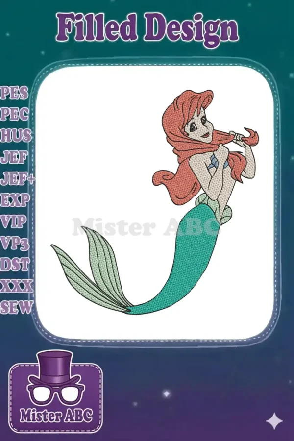 A vibrant embroidery design featuring Ariel from The Little Mermaid, with red hair, green tail, and a joyful expression.