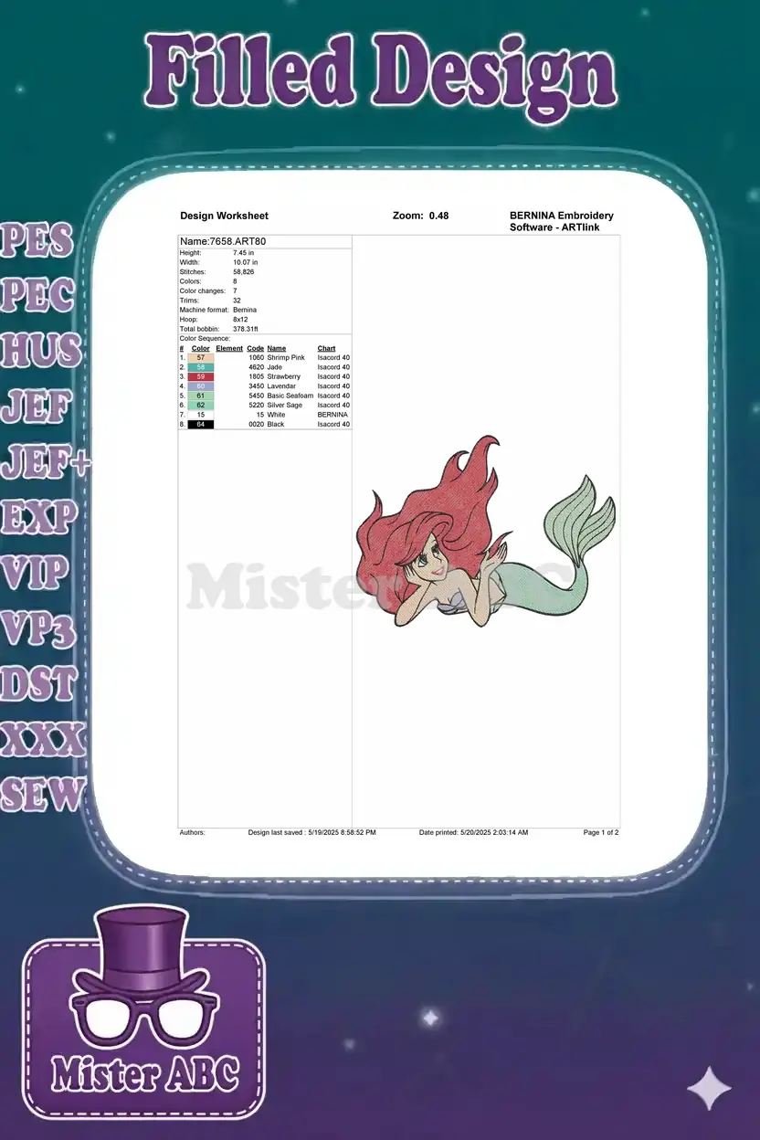 BERNINA embroidery design worksheet showing Ariel design details, including height, width, stitch count, and color sequence.
