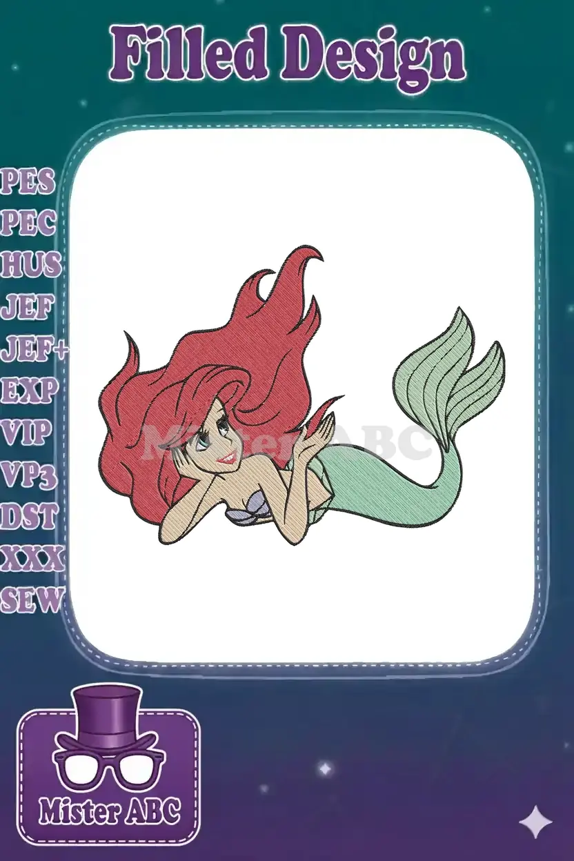 A vibrant embroidery design of Ariel, the Little Mermaid, reclining with a cheerful expression and flowing red hair.