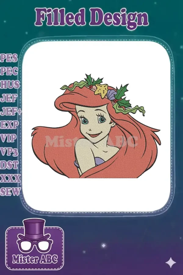 A vibrant embroidery design featuring Ariel from The Little Mermaid, adorned with a festive holly and seashell wreath.