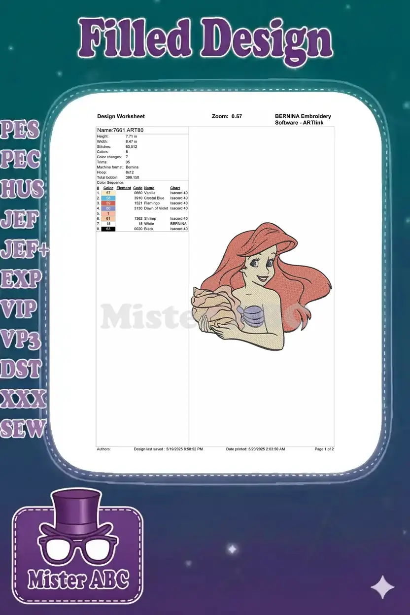Embroidery design worksheet for Ariel, displaying dimensions, stitch count, color changes, and machine details.