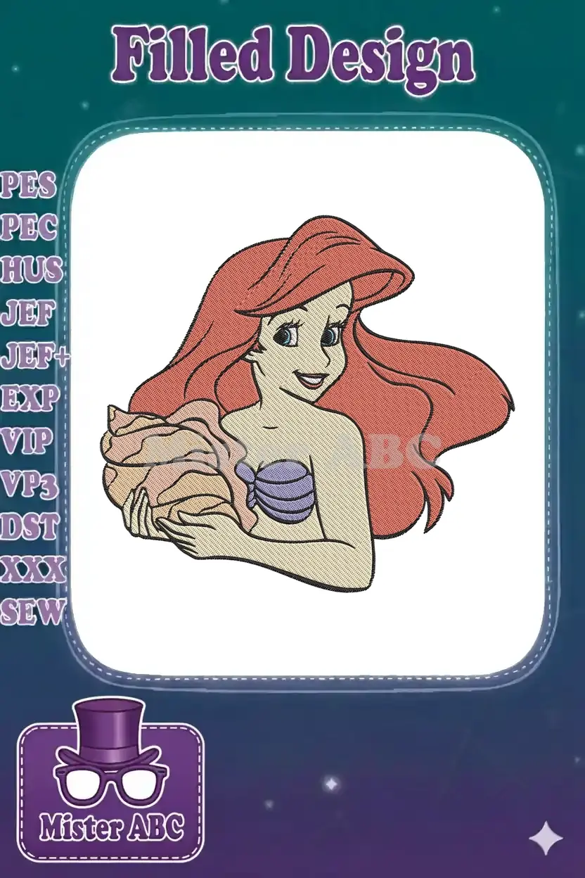 Close-up of Ariel, the Little Mermaid, holding a seashell, featuring vibrant red hair and a purple top.