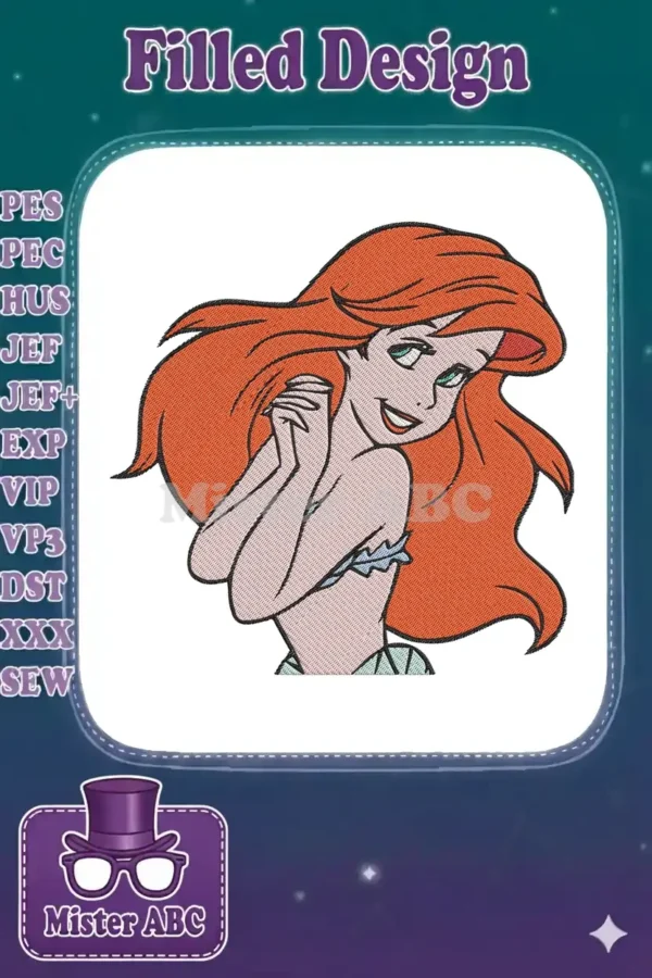 A close-up embroidery of Disney's Ariel, with flowing red hair, sparkling blue eyes, and a joyful, coy expression.