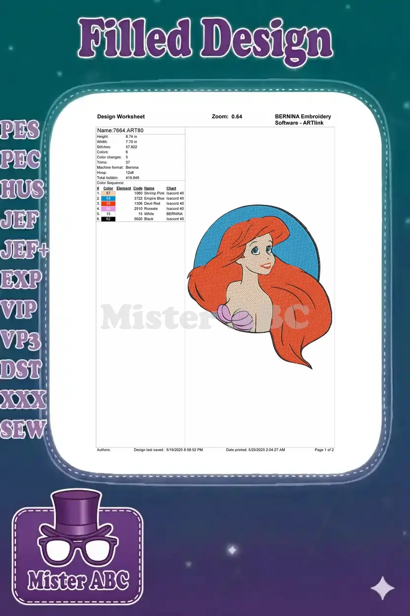Embroidery design worksheet for Ariel, detailing dimensions, stitch count, color changes, and thread chart.