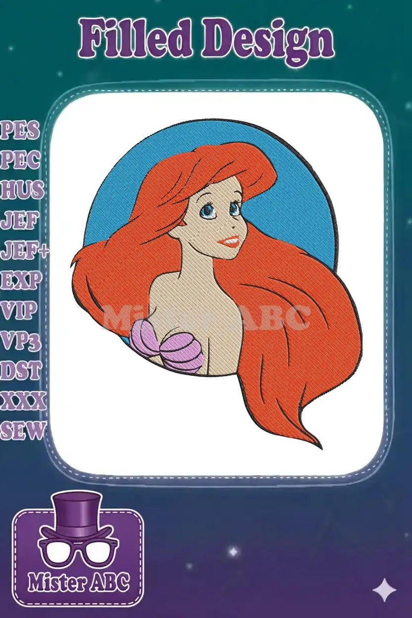 Vibrant embroidery design of Ariel from The Little Mermaid, featuring her iconic red hair and purple seashells.