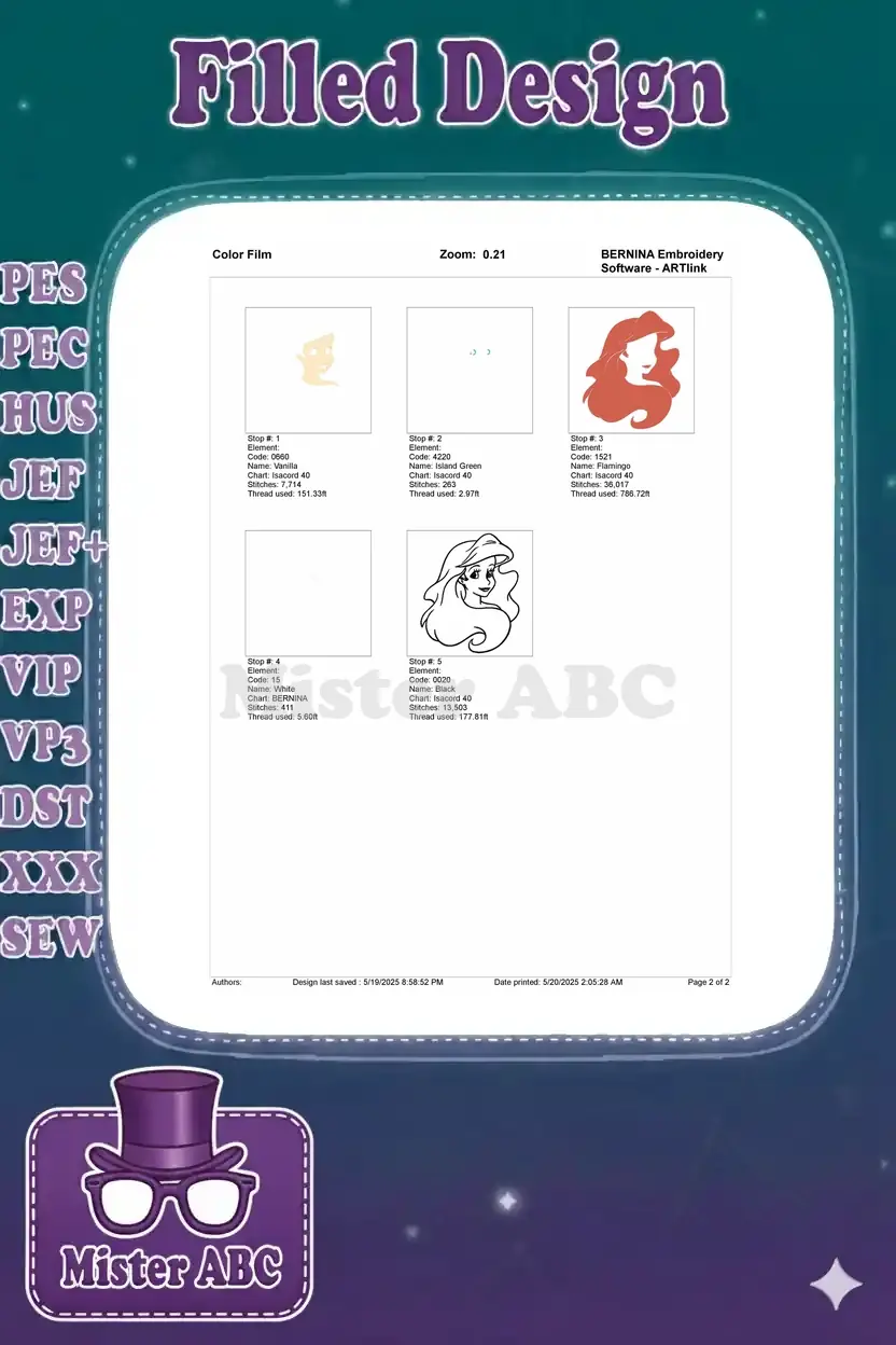 Embroidery color film breaking down the Ariel design into individual color elements with stitch counts per stop.