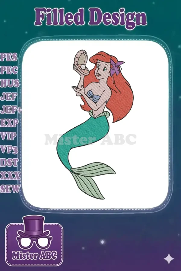 Vibrant embroidery design of Disney's Ariel, the Little Mermaid, holding a delicate seashell, showcasing her iconic look.