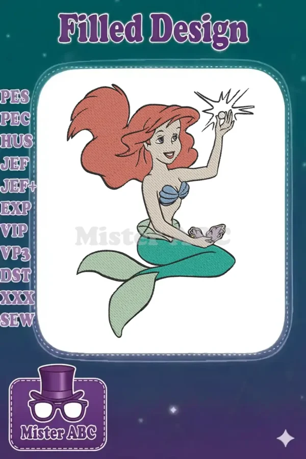 Vibrant embroidery of Ariel, the Little Mermaid, holding a sparkling star, showcasing intricate detail and color.