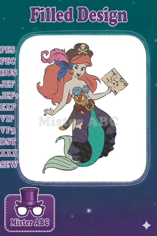 Stunning embroidery design featuring Ariel as a pirate, holding a treasure map with intricate details. A unique Disney fan art.