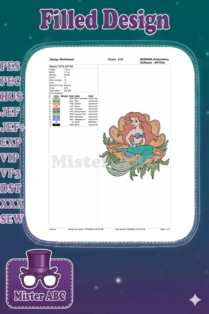 BERNINA embroidery design worksheet for Ariel, showing dimensions, stitch count, color chart, and preview.