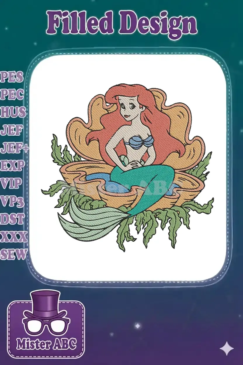 Vibrant embroidery of Disney's Ariel, the Little Mermaid, sitting gracefully in a large, ornate seashell.