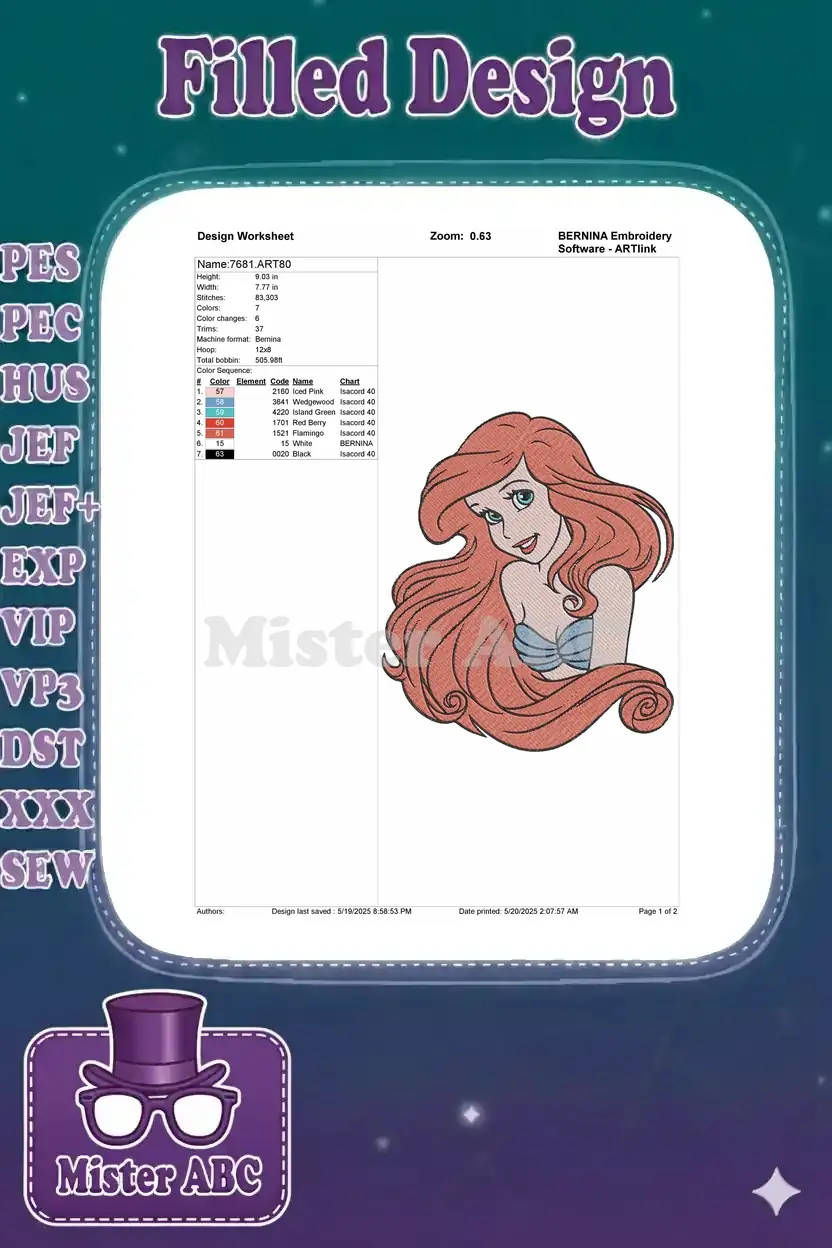 Embroidery design worksheet for Ariel, detailing stitch count, dimensions, color sequence, and thread codes for production.