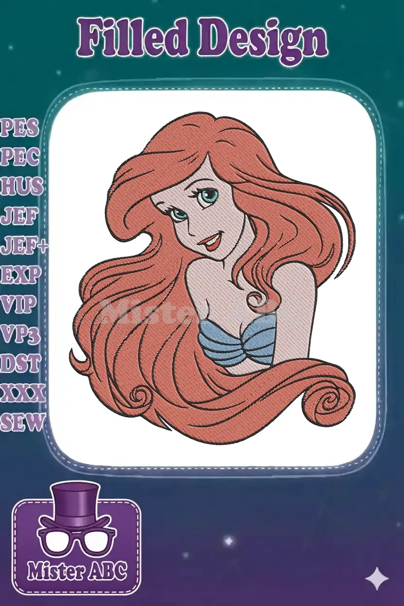 Close-up of a delightful Ariel embroidery design, featuring her iconic red hair and blue seashell top. High-quality stitching.