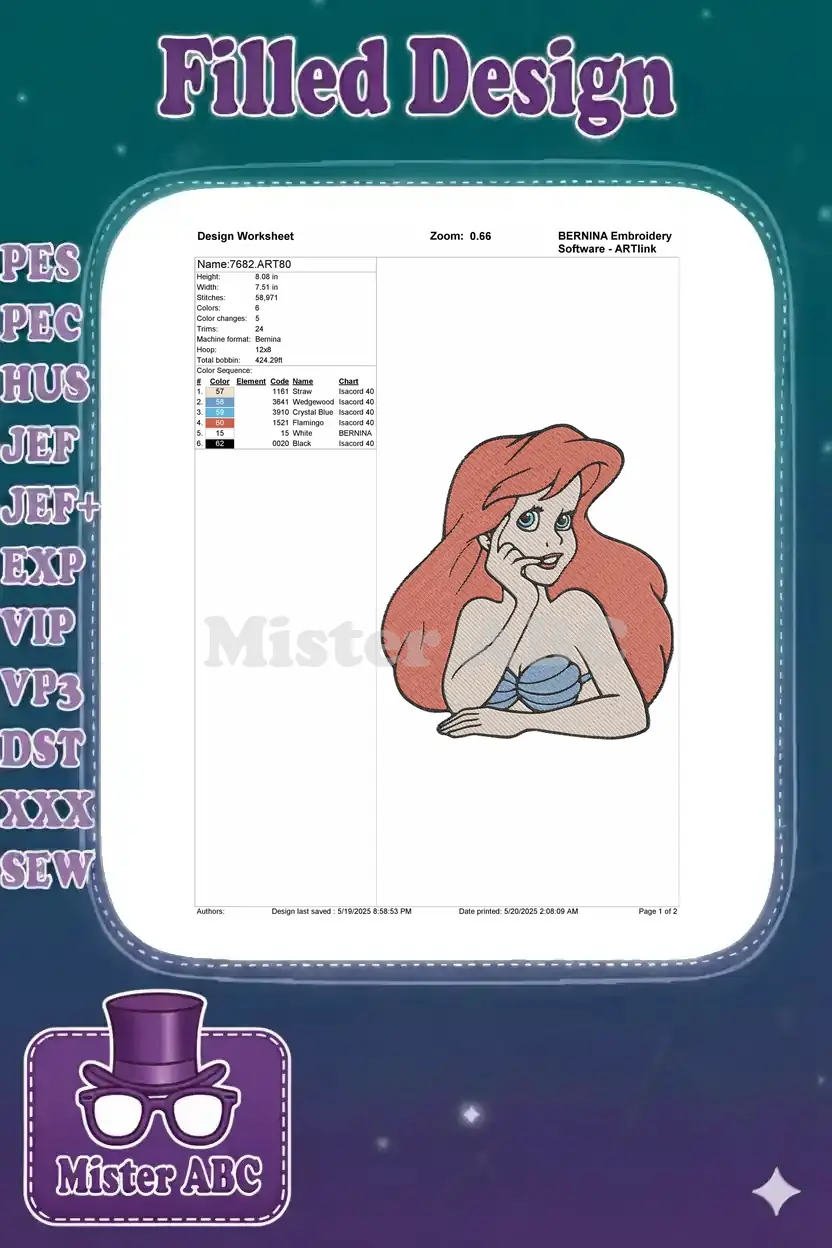 An embroidery design worksheet for Ariel, detailing dimensions, stitch count, color sequence, and machine compatibility.
