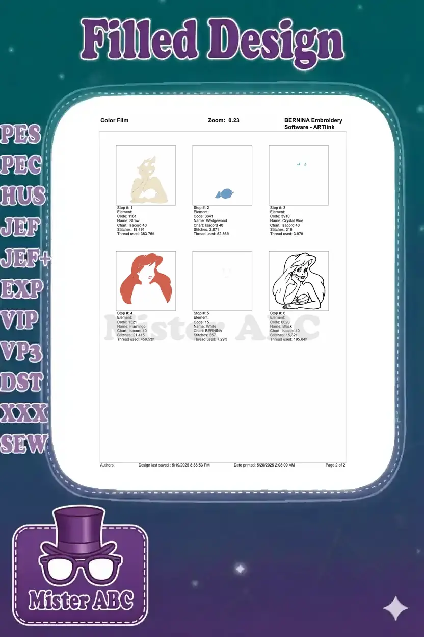 A color film breakdown of the Ariel embroidery design, showing each stitch stop and thread usage step-by-step.
