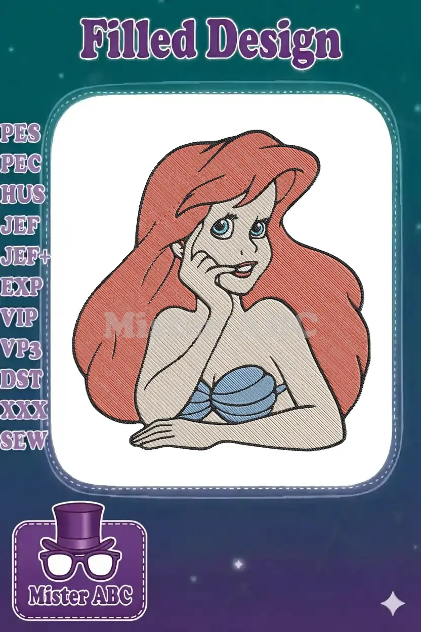 A vibrant embroidery design featuring Ariel from Disney's The Little Mermaid, showcasing her iconic red hair and thoughtful expression.
