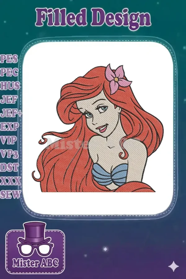 Close-up of a vibrant embroidery design featuring Ariel from The Little Mermaid, with flowing red hair and a cheerful smile.