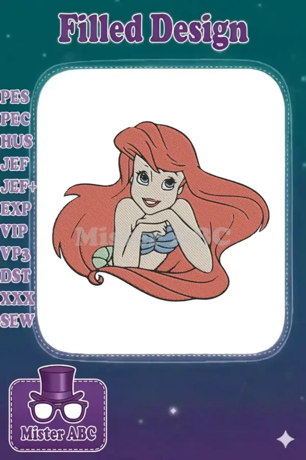 Close-up of a charming Ariel embroidery design, featuring her red hair, blue top, and thoughtful pose with fill stitches.