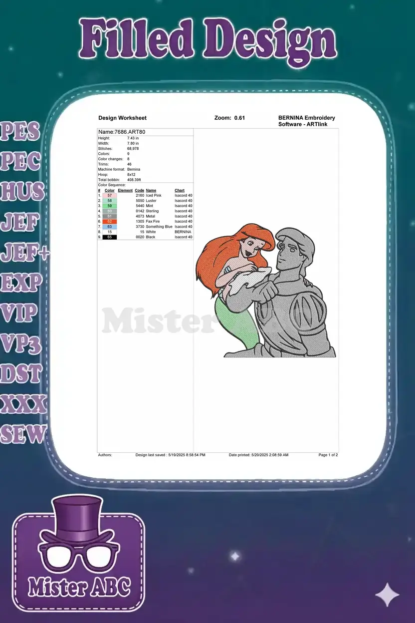 Detailed embroidery design worksheet showing Ariel and Prince Eric, with specifications like size, stitch count, and color sequence.